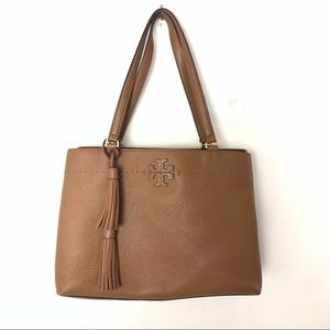 Tory Burch McGraw Triple Compartment Pebble Leather Tote Purse in Moose Tan